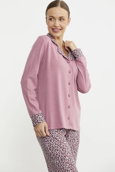 Leopar Kombinli Gömlek Pijama Takım - Pembe - Resim 5
