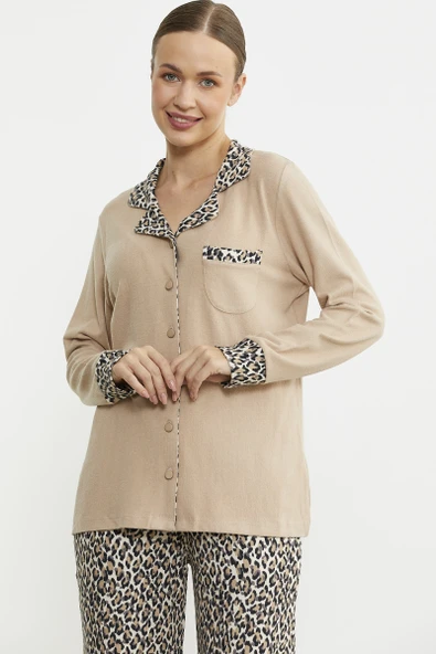 Leopar Kombinli Gömlek Pijama Takım - Bej