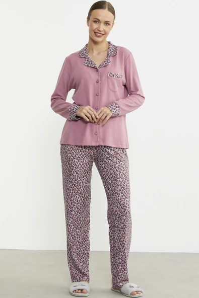 Leopar Kombinli Gömlek Pijama Takım - Pembe - Resim 2