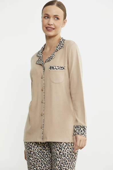 Leopar Kombinli Gömlek Pijama Takım - Bej - 4