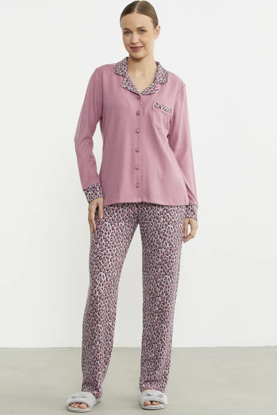 Leopar Kombinli Gömlek Pijama Takım - Pembe ürün görseli