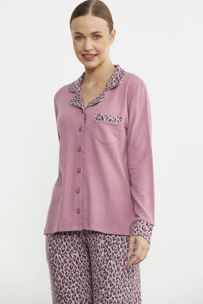 Leopar Kombinli Gömlek Pijama Takım - Pembe - Resim 4