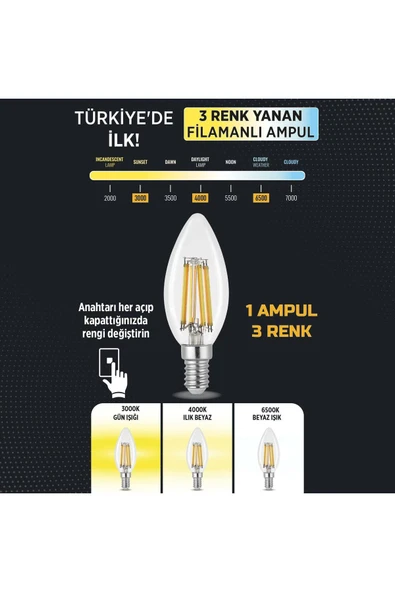 3 Renkli Led Filament Rustik Ampul 6W E14 C35 ERD-260 - 2