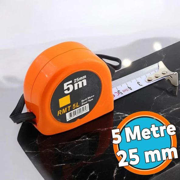Metal Bükülebilir Şerit Metre 5 m x 25 mm Turuncu Renk Düğmeli Ölçüm Ölçme Plastik Kasalı