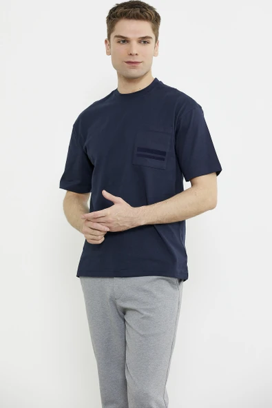 Bisiklet Yaka Oversize Pamuk Tişört - Lacivert - Resim 3