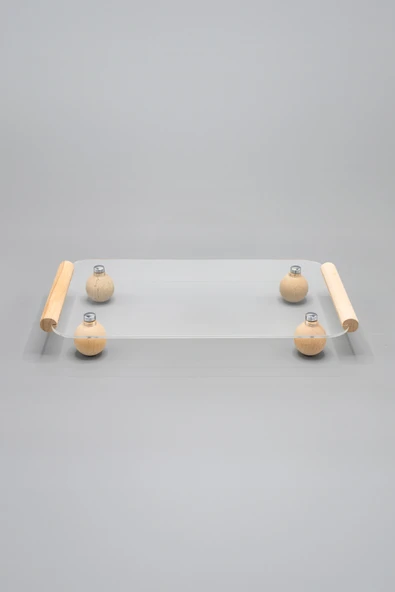 Ahşap Top Ayaklı Pleksi Şeffaf Dekoratif Tepsi, Düzenleyici,Sunumluk - 4