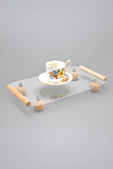 Ahşap Top Ayaklı Pleksi Şeffaf Dekoratif Tepsi, Düzenleyici,Sunumluk