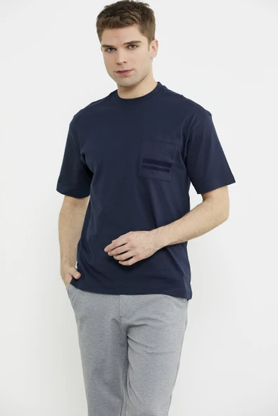 Bisiklet Yaka Oversize Pamuk Tişört - Lacivert - Resim 5