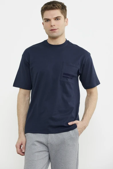 Bisiklet Yaka Oversize Pamuk Tişört - Lacivert ürün görseli 1