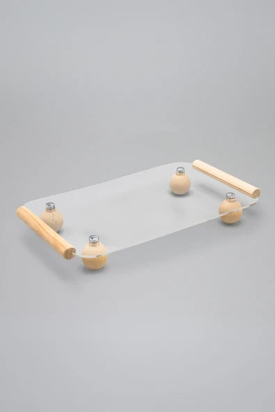 Ahşap Top Ayaklı Pleksi Şeffaf Dekoratif Tepsi, Düzenleyici,Sunumluk - 2