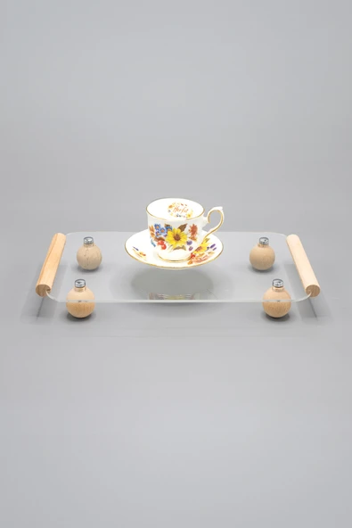 Ahşap Top Ayaklı Pleksi Şeffaf Dekoratif Tepsi, Düzenleyici,Sunumluk - 3