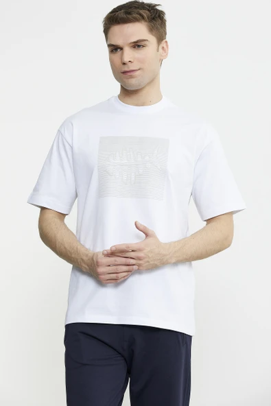 Oversize Baskılı Pamuk Tişört - Beyaz - Resim 3