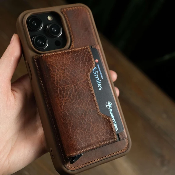 Mekanizmalı ve Magsafe özellikli Hakiki Deri Slim Kartlık - 4