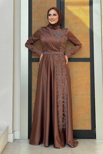 Taş Detaylı Kemer Aksesuarlı Saten Abiye Elbise 5002 Kahverengi - Resim 3