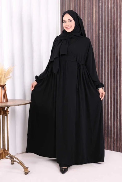 Şallı Kruvaze Namaz Elbisesi 6027 Siyah - Resim 2