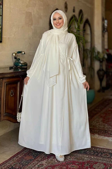 Şallı Kruvaze Namaz Elbisesi 6027 Ekru
