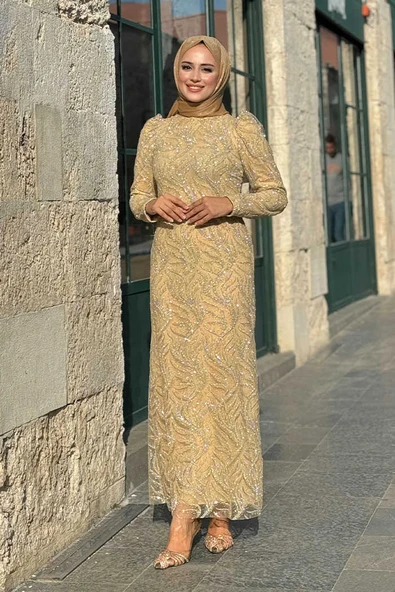 Dal Desenli Simli Tül Abiye Elbise 1140 Gold