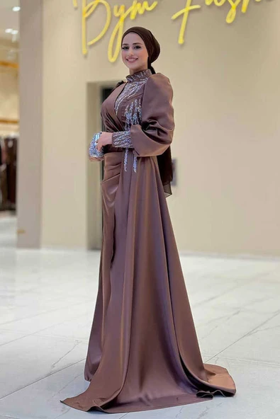 Taşlı Kuyruk Detay Abiye Elbise 7044 Kahverengi - Resim 3