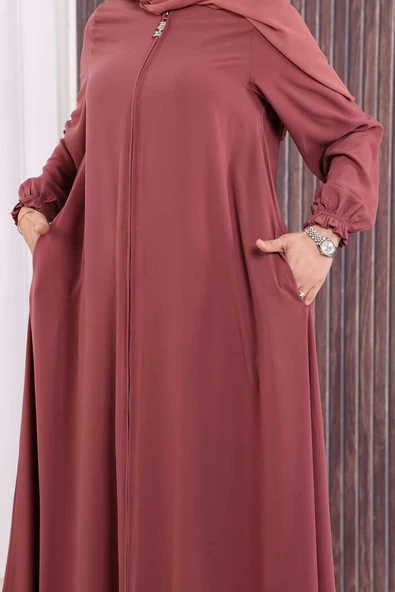 Fermuarlı Kol Manşetleri Büzgülü Mevlana Ferace 6007 Pudra - Resim 6