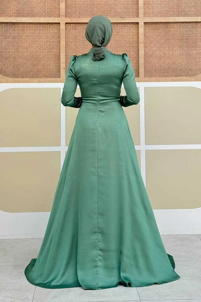 Saten Taş Detaylı Abiye 7016 Mint - Resim 2