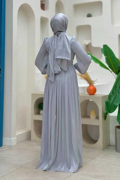 Balon Kol Pileli Abiye Elbise 7013 Gri - Resim 2