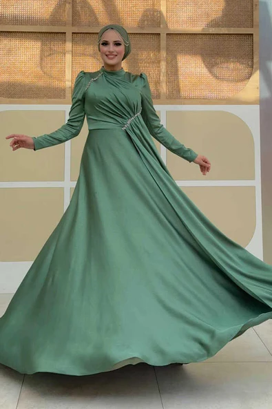 Saten Taş Detaylı Abiye 7016 Mint - Resim 4