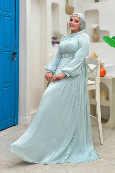 Balon Kol Pileli Abiye Elbise 7013 Mint - Resim 3