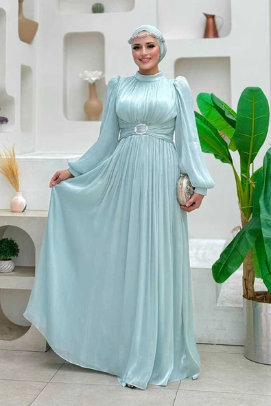 Balon Kol Pileli Abiye Elbise 7013 Mint ürün görseli