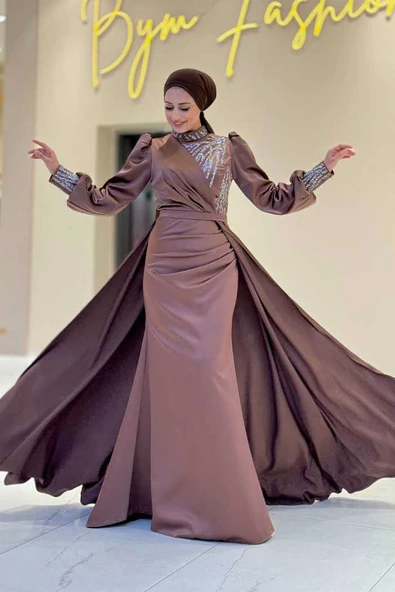 Taşlı Kuyruk Detay Abiye Elbise 7044 Kahverengi ürün görseli