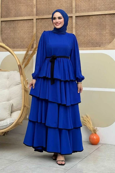 Bel Kuşaklı Kat Detay Elbise 6029 Saks