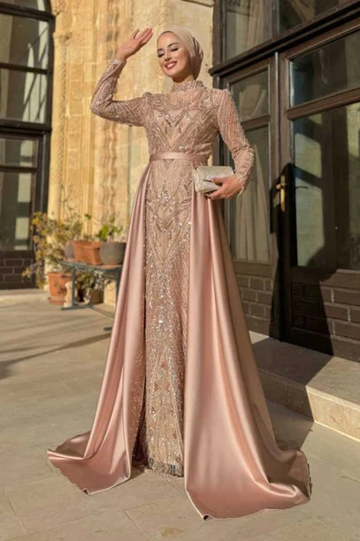 Kuyruk Detay Taş İşlemeli Abiye Elbise 7025 Gold ürün görseli