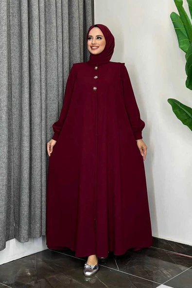 Boydan Düğmeli Taş İşleme Detaylı Ferace 7903 Bordo