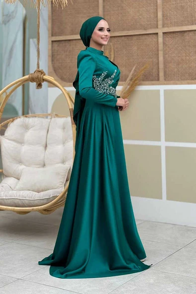 Taş Detaylı Saten Abiye 7027 Zümrüt - Resim 3