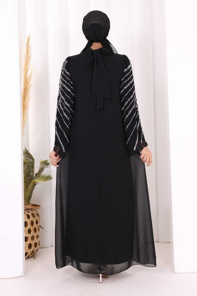 Taş Detaylı Abiye Elbise 3915 Siyah - Resim 4