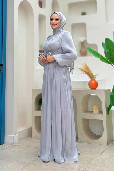 Balon Kol Pileli Abiye Elbise 7013 Gri - Resim 3
