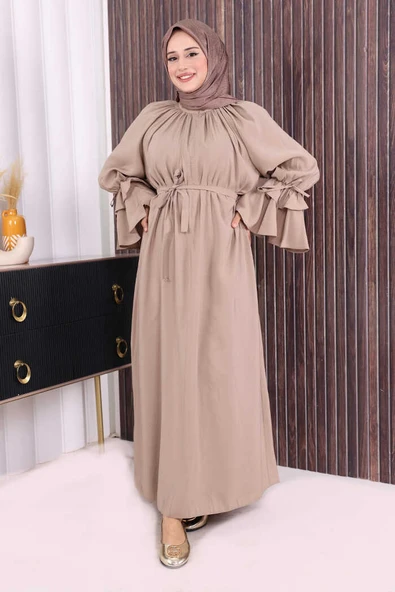 Kol Fırfır Detaylı Elbise 3925 Vizon ürün görseli 1