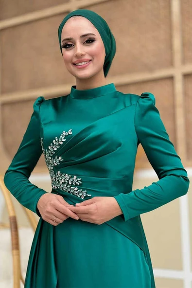 Taş Detaylı Saten Abiye 7027 Zümrüt - Resim 4
