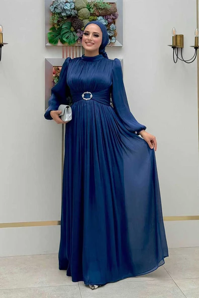 Balon Kol Pileli Abiye Elbise 7013 Lacivert ürün görseli