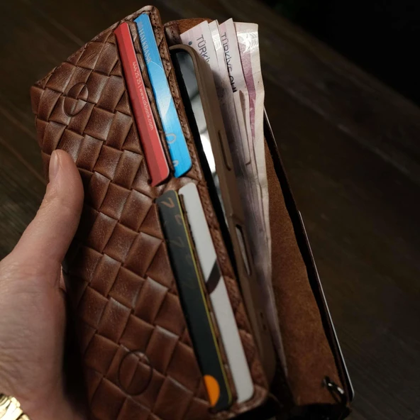 Hasır Örgülü Şık ve Fonksiyonel Hakiki Deri Cüzdan ve Kartlık Universal Telefon Kılıfı - 9