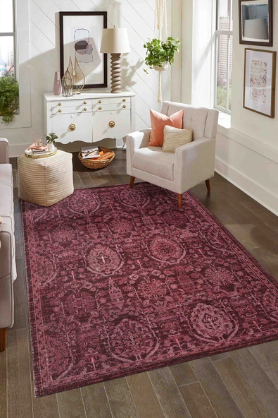 Antik 1116 Klasik Vintage Salon Halısı Bordo Retro Mutfak Halısı Tozumaz İnce Makine Halısı - 1