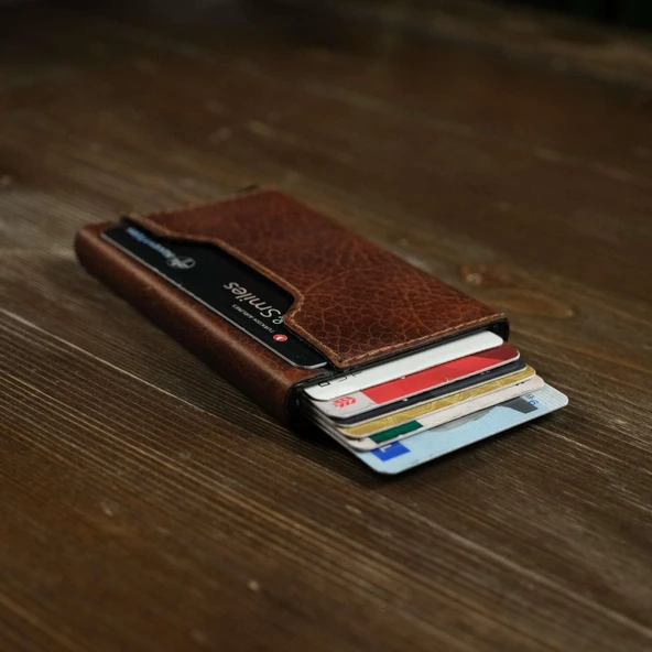 Mekanizmalı ve Magsafe özellikli Hakiki Deri Slim Kartlık - 2