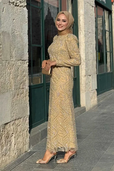 Dal Desenli Simli Tül Abiye Elbise 1140 Gold - Resim 3
