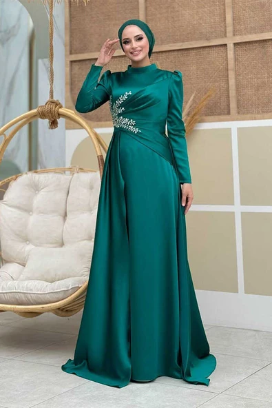 Taş Detaylı Saten Abiye 7027 Zümrüt ürün görseli