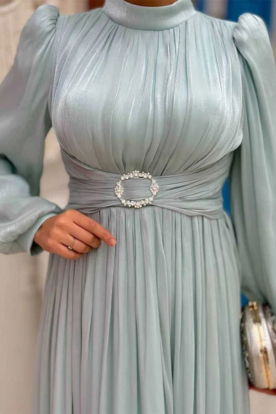 Balon Kol Pileli Abiye Elbise 7013 Mint - Resim 4