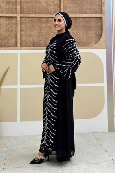 Taş Detaylı Abiye Elbise 3915 Siyah - Resim 3