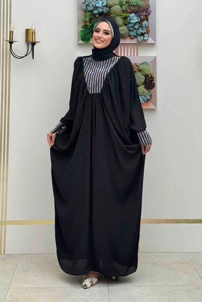 Taş Detaylı Yarasakol Elbise 3917 Siyah