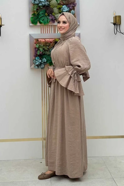 Kol Fırfır Detaylı Elbise 3925 Vizon - 3