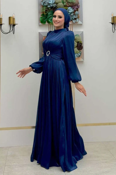 Balon Kol Pileli Abiye Elbise 7013 Lacivert - Resim 3
