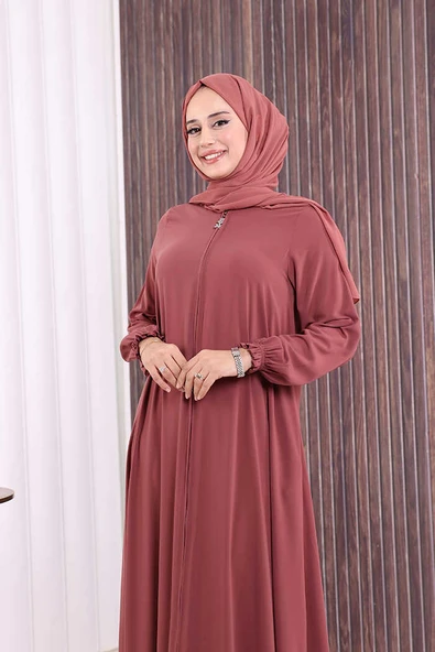 Fermuarlı Kol Manşetleri Büzgülü Mevlana Ferace 6007 Pudra - Resim 5