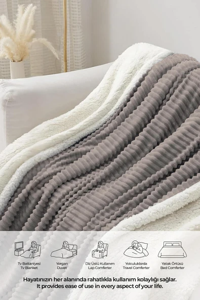 Sherpa Tv Battaniye Tek Kişilik Çizgili Yumuşak Peluş Wellsoft Yatak Örtüsü - 5